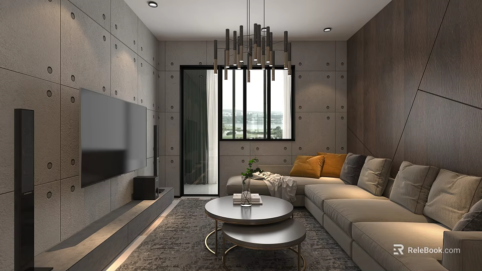 Modern Apartment Living Room With Concrete Walls Floor to Ceiling Window and L shaped Sofa 3d model 