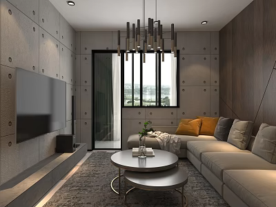 Modern Apartment Living Room With Concrete Walls Floor to Ceiling Window and L shaped Sofa 3d model