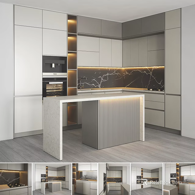 Modern Kitchen Interior With White Cabinets Marble Island And Lighting Design 3d model 