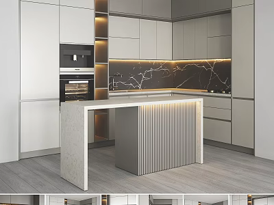 Modern Kitchen Interior With White Cabinets Marble Island And Lighting Design 3d model