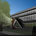Modern Industrial Factory Building With Large Glass Windows Curved Structure And Spacious Plaza