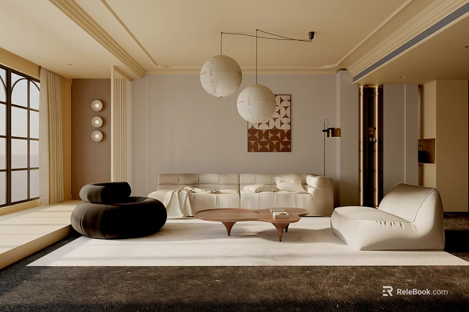 Modern Living Room Interior With White Sofa Pendant Lights And Wall Decor 3d model 