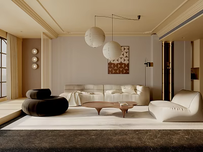 Modern Living Room Interior With White Sofa Pendant Lights And Wall Decor 3d model
