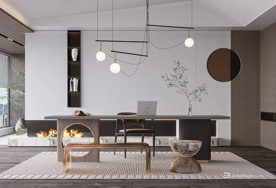 Modern Study Room Interior With Large Desk Comfortable Chair Pendant Lights And Decorative Plants 3d model 