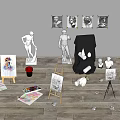 Art Studio Setup With Easels Sketches Plaster Statues And Painting Supplies