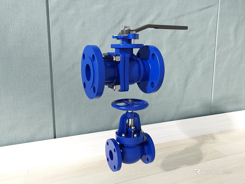 Blue Industrial Ball And Globe Valves With Flanged Connections And Manual Controls 3d model 