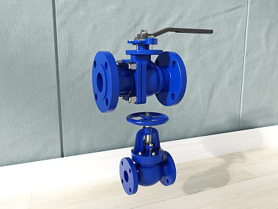 Blue Industrial Ball And Globe Valves With Flanged Connections And Manual Controls 3d model