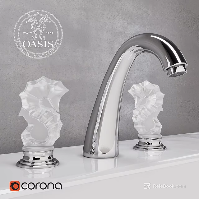 Chrome Bathroom Faucet With Seahorse Shaped Crystal Handles On Vanity Top 3d model 