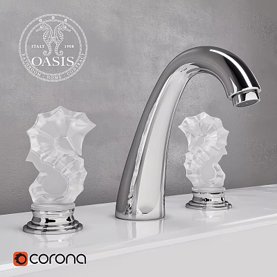 Chrome Bathroom Faucet With Seahorse Shaped Crystal Handles On Vanity Top 3d model