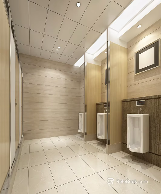 Public Restroom Interior With Wooden Walls Tiled Floor Urinals Stalls Mirror And Ceiling Lights 3d model 