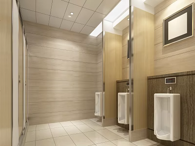 Public Restroom Interior With Wooden Walls Tiled Floor Urinals Stalls Mirror And Ceiling Lights 3d model