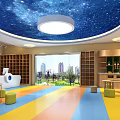 Vibrant Kindergarten Classroom With Starry Ceiling Colorful Floor Round Tables And Stools