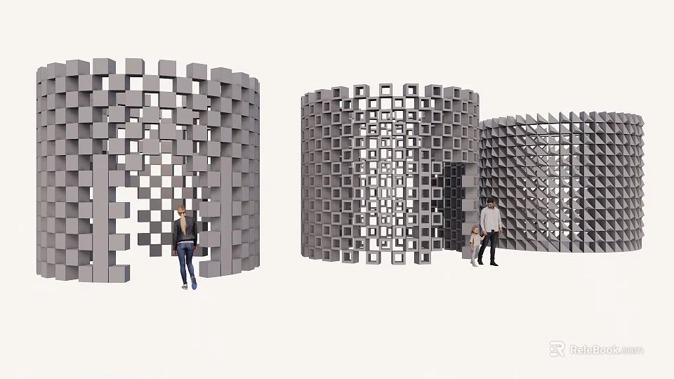 Fitness Enthusiasts Doing Workouts Around Gray Cube Cylinder Structures With Openings 3d model 