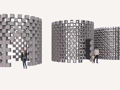 Fitness Enthusiasts Doing Workouts Around Gray Cube Cylinder Structures With Openings 3d model