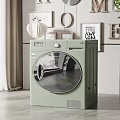 Modern Green Front Loading Washing Machine in Home Interior with Transparent Door and Wall Decorations