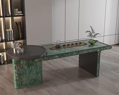 Modern Green Marble Tea Table With Tea Set Cups And Small Plant In Interior 3d model