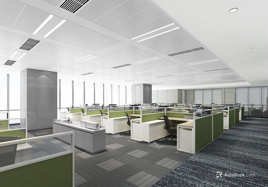 Modern Public Office Area Featuring Open Cubicles Green Partitions Office Desks And Large Windows 3d model
