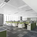 Modern Public Office Area Featuring Open Cubicles Green Partitions Office Desks And Large Windows 3d model