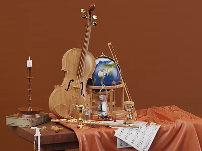 Vintage Decorative Ornament Set With Violin Globe Candle Books And Sheet Music On Wooden Table 3d model