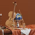 Vintage Decorative Ornament Set With Violin Globe Candle Books And Sheet Music On Wooden Table