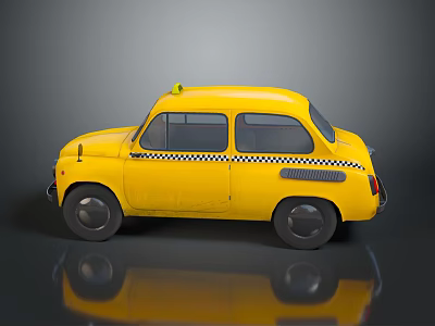 Vintage Yellow Taxi With Black And Yellow Stripes On Body And Roof Light 3d model