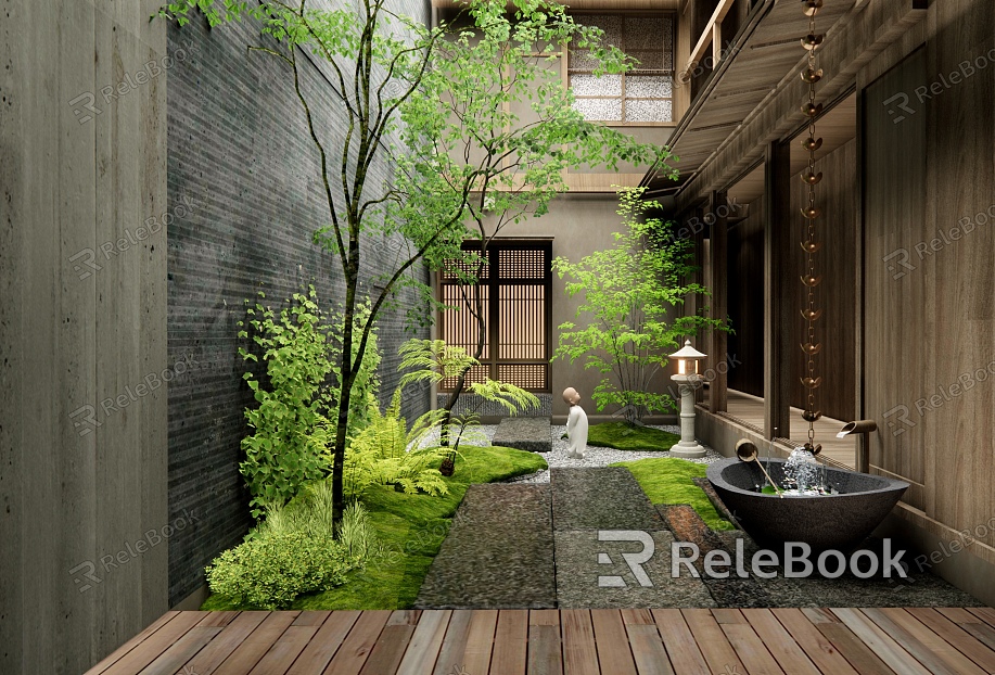 Japanese-style B & B Courtyard Landscape Slab Road Water Pot Waterscape Ting Step Rainwater Chain Plant Pile Plant Landscape Landscaping model