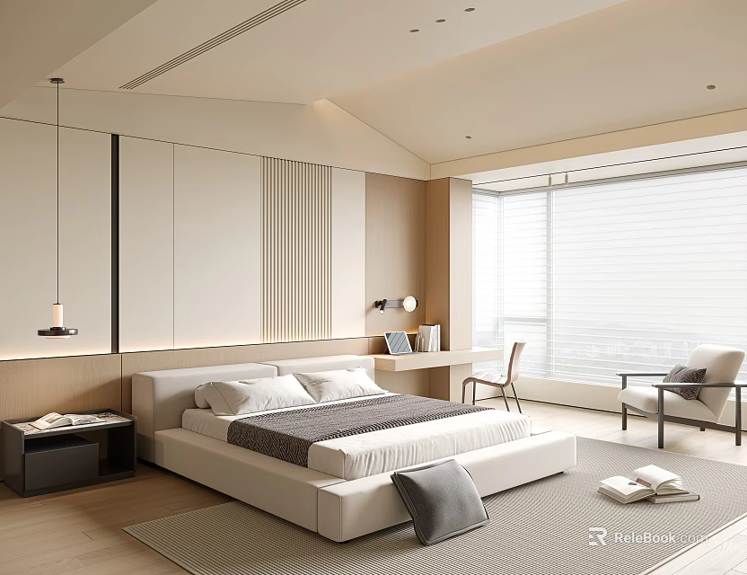 Modern Bedroom Interior Design With Large Bed Floor To Ceiling Roller Blinds And Wooden Accents 3d model 