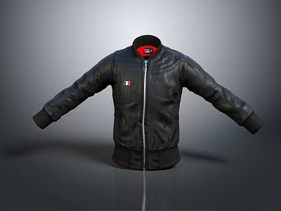 Black Leather Jacket With Zip Front Red Lining And Long Sleeves Design 3d model