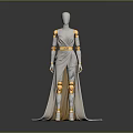 Character Wearing White Long Dress With Golden Shoulder Arm Leg Armor on Mannequin