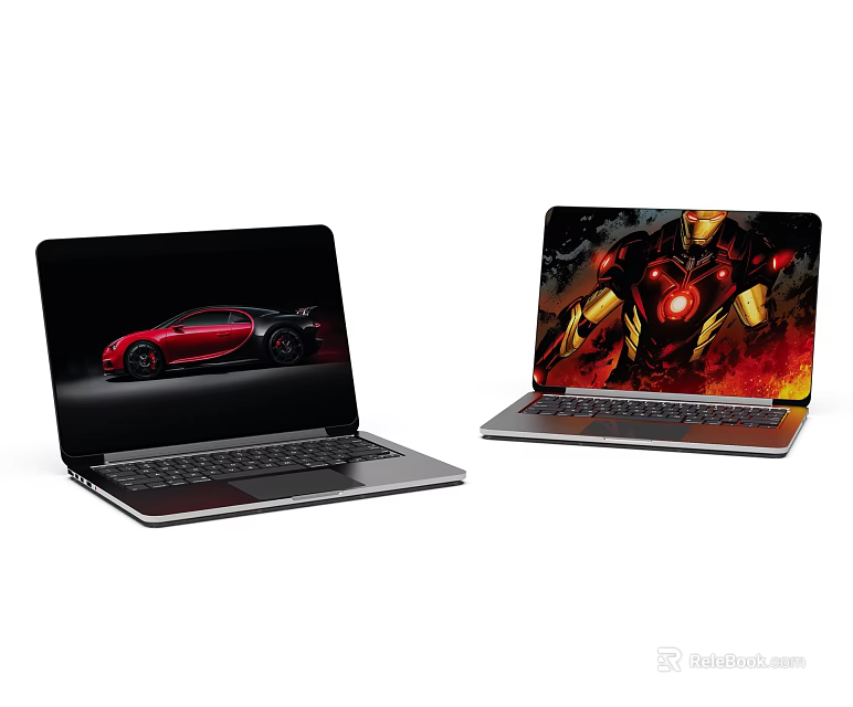 Sleek Laptops Displaying Red Sports Car And Iron Man Flame Background Screens 3d model 