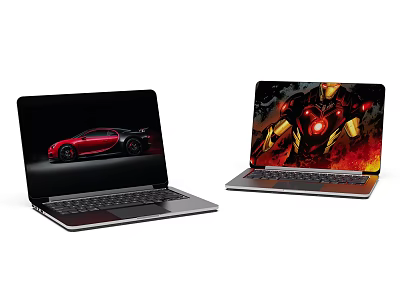 Sleek Laptops Displaying Red Sports Car And Iron Man Flame Background Screens 3d model