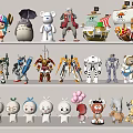 Diverse Decorative Figurine Set with Cartoon Characters Robot Models and Animal Figures on Shelves