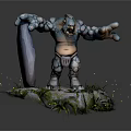 Stone Giant Character Holding Shield Standing On Rocky Base With Green Plants And Glowing Particles