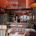 SEE U Coffee Train Shaped Cafe With Outdoor Seating Orange Chairs And Brown Umbrellas
