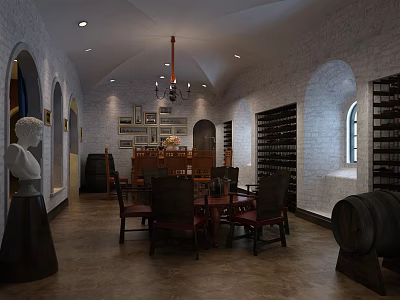 Wine Cellar Interior With Arched Walls Wine Racks Dining Table Chairs Chandelier And Wine Barrel 3d model