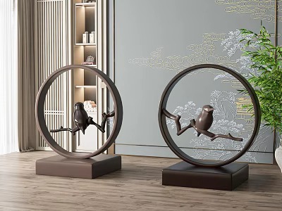 Decorative Circular Room Dividers With Bird On Branch Design Wooden Bases Indoor Decor 3d model