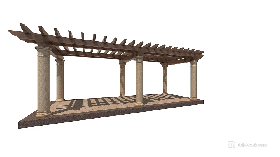 Classical Pergola With Stone Columns And Wooden Lattice Roof For Outdoor Garden 3d model 