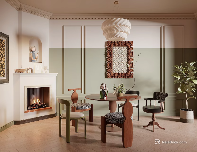 Elegant Dining Room Interior With Fireplace Pendant Light Dining Table And Decorative Chairs 3d model 