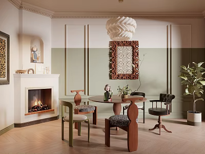 Elegant Dining Room Interior With Fireplace Pendant Light Dining Table And Decorative Chairs 3d model