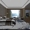 Hotel Guest Room with Twin Beds Floor-to-Ceiling Windows Lake and Mountain View Elegant Interior Decor