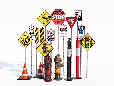 Traffic Signs Including Stop Speed Limit One Way Slow Signs With Fire Hydrant And Cones 3d model