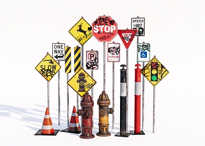 Modern road sign road accessories barricade fire hydrant combination 3d model