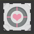 Advanced Silver Metallic Cube Shaped Weapon With Transparent Sections And White Heart Symbols
