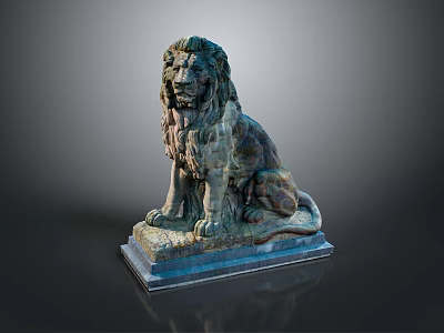 Artistic Stone Lion Sculpture Carving With Detailed Mane Sitting Pose On Base 3d model
