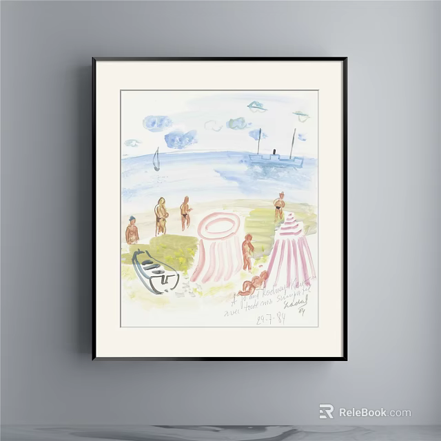 Beach Painting With Pink Tent Sailboat Ship Figures And Cloudy Sky 3d model 