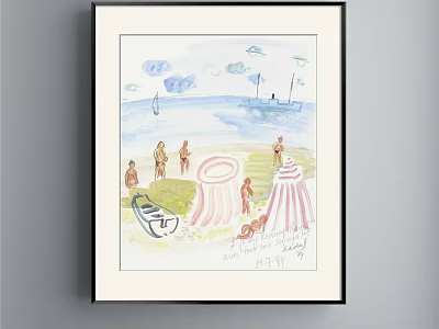Beach Painting With Pink Tent Sailboat Ship Figures And Cloudy Sky 3d model