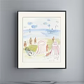 Beach Painting With Pink Tent Sailboat Ship Figures And Cloudy Sky