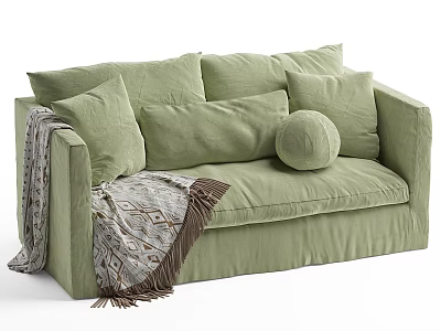 Cozy Light Green Double Sofa With Linen Fabric Multiple Cushions And Tassel Blanket 3d model
