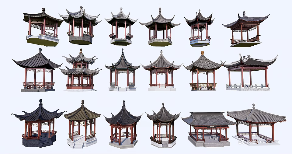 Various Traditional Chinese Pavilion Designs With Curved Roofs And Wooden Structures 3d model 