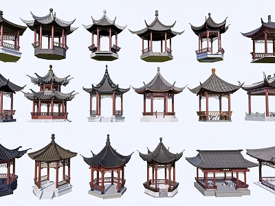Various Traditional Chinese Pavilion Designs With Curved Roofs And Wooden Structures 3d model